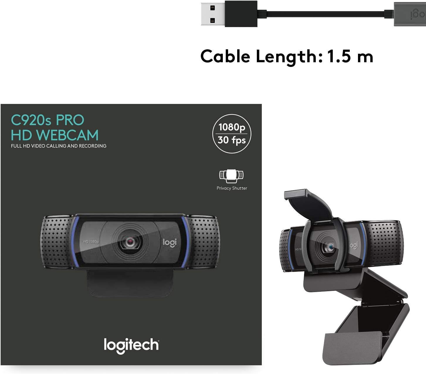 Logitech C920S HD Pro Webcam, Full HD 1080p/30fps Video Calling, Clear Stereo Audio, Light Correction, Privacy Shutter, Works with Skype, Zoom, FaceTime, Hangouts, PC/Mac/Laptop/Tablet/XBox - Black
