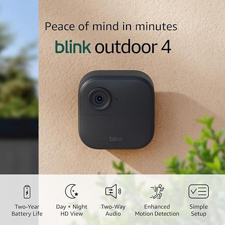 Blink Outdoor 4 (newest model), Wireless smart security camera, two-year battery, 1080p HD day and infrared night live view, two-way talk