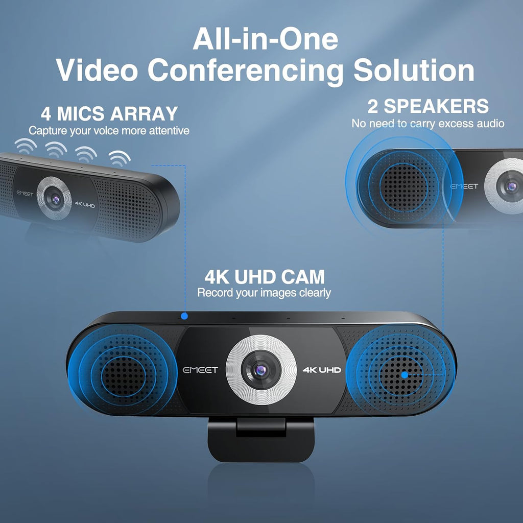 EMEET 3-in-1 4K Webcam with Microphone and Speaker, C980 PRO 60°-98° Wide Angle Webcam w/ 4 Noise Cancel Mics, 2 Speakers, Fixed Focus, Magnetic Privacy Cover, Great for Group and Personal Video Calls