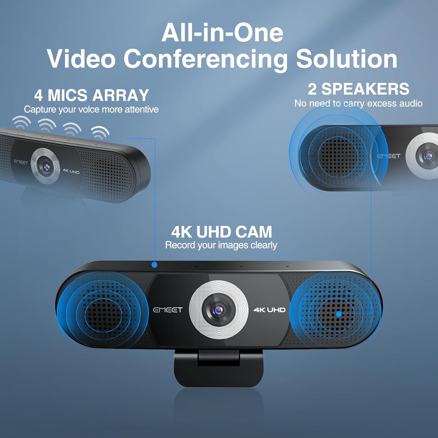 EMEET 3-in-1 4K Webcam with Microphone and Speaker, C980 PRO 60°-98° Wide Angle Webcam w/ 4 Noise Cancel Mics, 2 Speakers, Fixed Focus, Magnetic Privacy Cover, Great for Group and Personal Video Calls