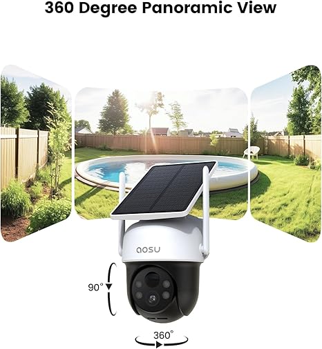 AOSU Solar Camera Outdoor Wireless - 100% Wire-Free Outdoor Security Camera Wireless with Fixed Solar Panel,360° Panoramic View, Human Auto Tracking, 2K Color Night Vision